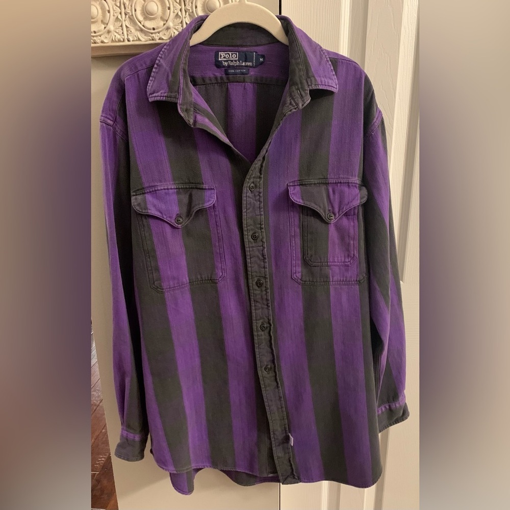 VTG Polo Ralph Lauren Purple Black Striped Color Block Button Shirt - M